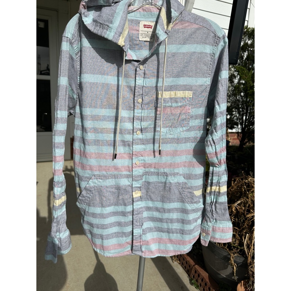 Levi's Strauss & Co‎ Men Striped Hooded Button Up Pockets Pastel Shirt  Medium
